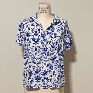 Japra Blue & White Floral Patterned Button Down Short Sleeve Shirt Size Medium‎